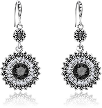 AILUOR Vintage Runde blaue Saphir Sonnenblumen baumeln Ohrringe, Frauen einzigartige Retro bunte ethnische böhmische Ohrringe Schmuck für Frauen (Schwarz)