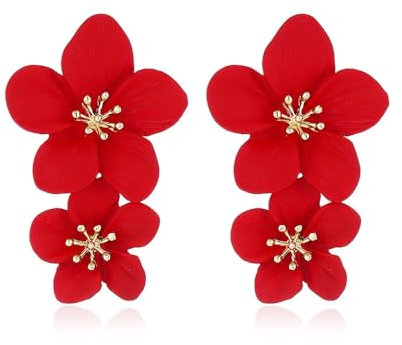 FDEETY Ohrringe Mode Doppelschichtige Blumen Tropfen Ohrringe Böhmische Blume Ohrringe Übertriebene Blumenohrringe Modeschmuck für Damen (Rot)