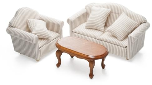 Odoria 1/12 Miniatur Puppenhaus Tisch Couchtisch Braun und Sessel Sofa Set Miniaturen Couch Gestreift Puppenstube Möbel Zubehör