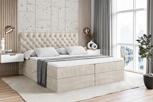 ALTDECOR Boxspringbett mit Matratze und Lattenrost, Boxbett, Topper, Polsterbett mit Bettkasten, Bett mit Stauraum H3-Matratze, Doppelbett, Springboxbett - BOXI8-200x200 Beige Samt