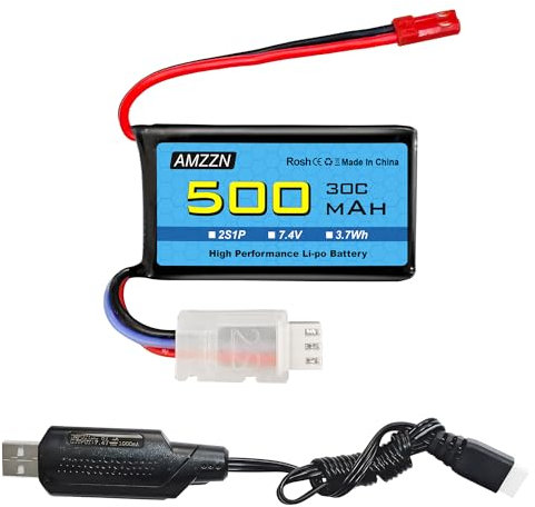 AMZZN 7.4V 500mAh 30C JST-2P Plug Lipo Battery With USB Charging Cable For Remote-Controlled Helicopters,Quadcopters,Micro FPV Racing Cars,Drones,RC Cars,Trucks,High-speed cars