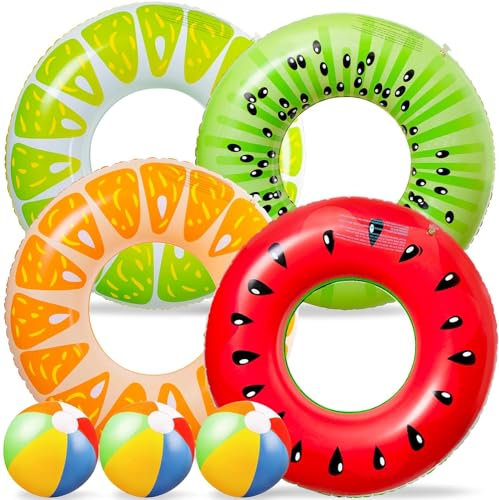 LATERN 7 Stück Obst Aufblasbare Schwimmhilfen für Pool, 4 Stück 75cm Obst Schwimmringe mit 3 Stück 35cm Goßen Wasserbällen - Aufblasbare Pool Spielzeug für Kinder Erwachsene Strand Schwimmen Party
