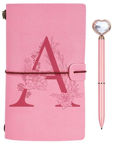 Initialen PU Leder Notizbuch mit Stift, Rosa Nachfüllbar Tagebuch für Frauen Mädchen, Reisetagebuch Skizzenbuch Notebook Geschenk für Freundin Schwestern Lehrer Abschluss Geburtstag Weihnachten A