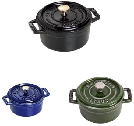 STAUB Lot de 3 Mini Cocottes en Fonte, Ronde, Ø 10 cm, 0,25 L, Noir Mat, Bleu Intense, Vert/Basilic