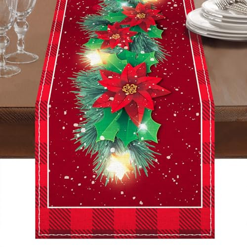 Tischläufer Weihnachten 230 x 33cm, Tischdecke Weihnachten, Rote Leinen Weihnachtstischdecke mit Weihnachtssternblüten, Stechpalmenblättern und Schneeflocken Bedruckt, für Tischdeko Weihnachten