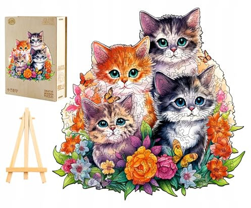 PASJO Holzpuzzle Erwachsene Katzenfamilie 300 Teile 34x33,8 cm Einzigartige Tierförmige Teile Mini-Staffelei Holzbox