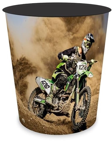itenga Papierkorb für Kinder mit Motiv - rund ca. 11 Liter - Mülleimer fürs Kinderzimmer - stabiler Kunststoff (Motiv Motocross)