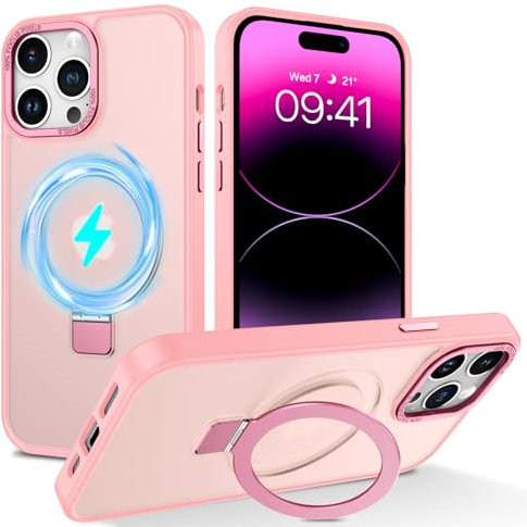 BENTOBEN Magnetic Case for iPhone 14 Pro with Stand [Compatible with Magsafe], Invisible Ring Stand Translucent Matte Military Grade Protection Women Men Shockproof Cover for iPhone 14 Pro, Pink