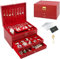 DesignSter Schmuckkasten, Schmuckkästchen mit 3 Ebenen mit Schubladen, PU-Leder Schmuckbox Schmuckschatulle Groß Schmuck Organizer für Ringe Ohrringe Armbänder Halsketten, Rot