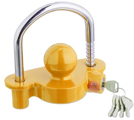Relaxdays Antifurto per Rimorchio, Blocco per Auto, Dispositivo di Protezione per Caravan Lucchetto con 5 Chiavi, Giallo, Ferro, 15 x 15,5 x 7,5 cm