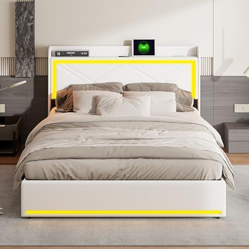 MISNODE Letto Matrimoniale Contenitore con LED E USB, Telaio per Letto Contenitore in PU Con Testa Di Stoccaggio, per Adulti, Adolescenti, 160 x 200 cm, Bianco