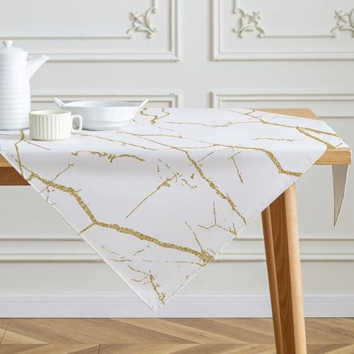 Tischdecke Weiß und Gold Mittelläufer Moderne Tischdecken mit Marmorstruktur Abstraktes Leinen Tischdekoration für Die Küche im Innenbereich Winter Frühling Feiertags Partydekor 85 x 85 cm