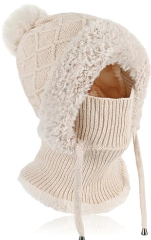 TAGVO Women's Winter Warm Knitted Cap with Neck Warmer, Slouch Adjustable Knit Beanie Hat with Hairball, Winter Woolly Hat with Warm Fleece Linning, Windproof Balaclava Snood Hood Hat For Women, Beige