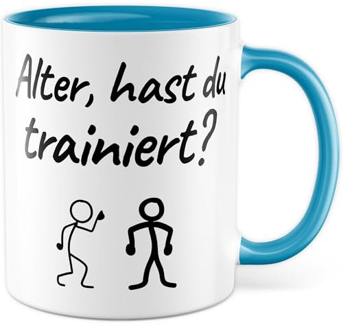Sport Tasse mit Spruch - Geschenk Alter, hast du trainiert? - Kaffeetasse 330ml aus Keramik - Witz Freund Motiv Sarkasmus Fitness Witz Kaffee-Becher