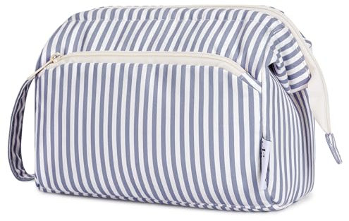 Narwey Kulturtasche Damen Kulturbeutel Kosmetiktasche Schminktasche Reise Make-up-Tasche mit Weit Offener Tasche für Damen Frauen (Graublaue Streifen)