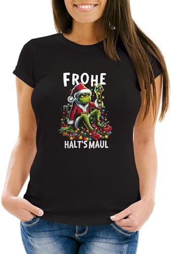MoonWorks® Weihnachtsshirt Damen Spruch T-Shirt Weihnachten Halts Maul Grinch Weihnachtsoutfit Frauen Schwarz 3XL