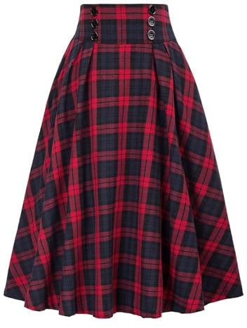 Onsoyours Jupes Femme Élégant Taille Élastique Trompette A-Ligne Midi Jupe Plissée Carreaux Skirt