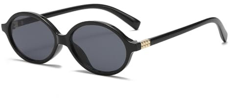 JCTAIFOO Retro Kleine Ovale Sonnenbrille für Damen Herren Vintage Runde Brille mit goldener Metallverzierung Schwarz/Grau