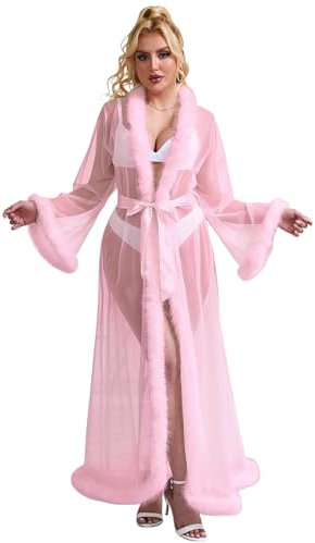 ohyeahlady Kimono Long Sexy Femme avec Fourrure Grande Taille Robe Kimono Chic Transparent Mariage Robe de Chambre Nuisette Dentelle Peignoir de Bain Lingerie de Nuit Cardigan avec Ceinture(L-XXL,Rose