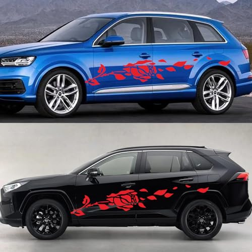 2Pcs Auto Karosserie Seite Aufkleber Rosenblume Dekorative Auto Aufkleber,Universal Große Vinyl Grafik Florale Körper Selbstklebende Aufkleber für Auto/LKW/SUV(Rot)