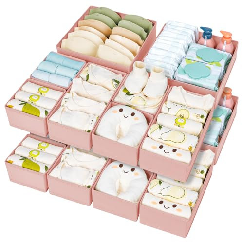 Homsorout 15 Pack Drawer Organisers Foldable Storage Box - Fabric Clothes Wardrobe Dresser Organization Drawer Dividers Cubes for Socks, Underwear, Ties, Bedroom, Pink