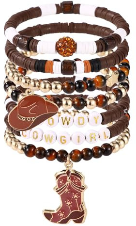 Mikovivi 7pz Bracciali Perline da Cowgirl, Bracciali Impilabili di Perline con Ciondoli a Forma di Cappello da Cowgirl e Stivali Stile Y2K Spiaggia Estiva Boho Gioielli per Donna(Marrone)