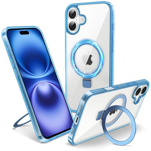 Flyzoo Magnetic Kickstand Case for iPhone 16, [Compatible with MagSafe & Invisible Ring Stand Holder] [Non-Yellowing & Shockproof] Clear Transparent Hard Silicone Edge Cover, 6.1'', Clear Blue