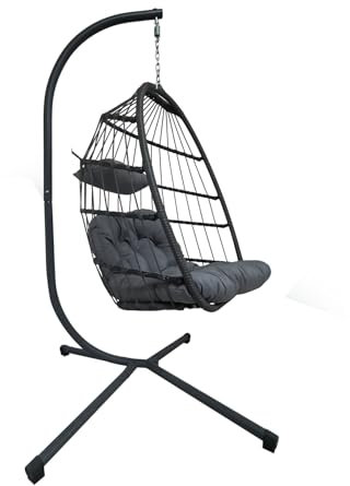Foldable Rattan Swing Chair Hammock with Steel Stand Weather-Resistant Hanging Chair, Removable Cushion for Patio Garden Indoor Outdoor Use (Grey Ratten Hanging Chair with Dark Grey Cushion)