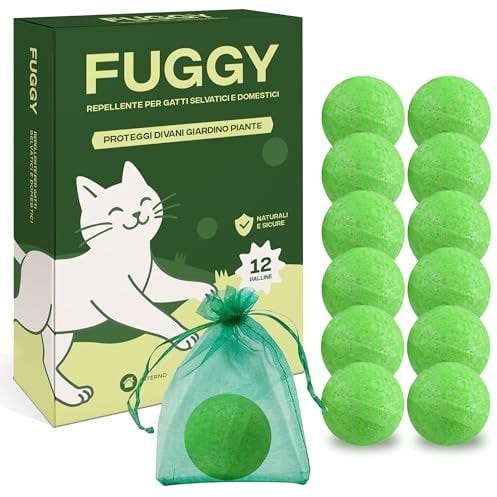 FUGGY - Repellente per Gatti Randagi Naturale – Dissuasore e Disabituante Gatti Esterno – 12 Palline + 5 Buste – Anti Gatto Piante e Giardino