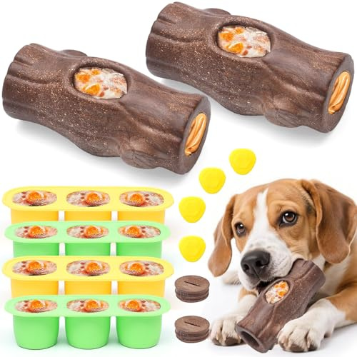 ClariVora 2 Pack Dog Frozen Treat Toy, Freezable Dog Toy with Frozen Treat Molds & Peanut Butter Grooves, Enrichment Toys for Dogs, Freeze Bone Chew Ball for Medium & Large Dogs Brown