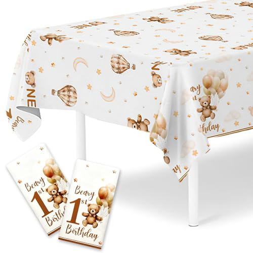 2 Pack Beary First Birthday Decorations for Boys Table Cloth, Teddy Bear Picnic Decorations — Large Rectangular Table Cover 220 x 130 cm Brown Bear Birthday Party Decorations Supplies