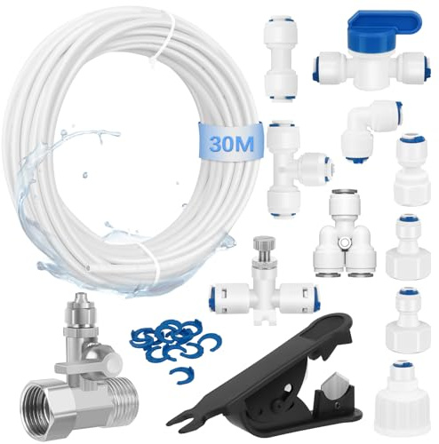 30m Wasserzulaufleitung Universal Anschluss-Set mit T Stück, 14 Stück RO Water Filter Fitting für 1/4 Zoll Schlauch, Kühlschrankschlauch, Wasserschlauch (Y+T+I+L Typ + Absperrventil + Rohrschneider)
