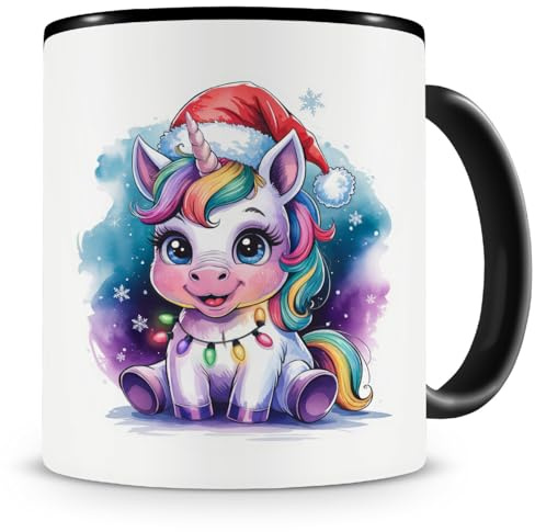 Samunshi® Weihnachts Tasse Einhorn mit Weihnachtsmütze und Weihnachts Deko Geschenk zu Weihnachten Einhorn Heiligabend Kaffeetasse Tassen zum Geburtstag Lustige Tiere 300ml schwarz