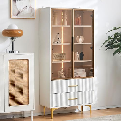 Elegante Glasvitrine mit Zwei Türen-70x35x150cm-Glastüren, goldene Beine, bewegliche Einlegeböden, Vitrine mit LED-Licht,Schrank, Glasvitrine, Hochschrank, Standvitrine