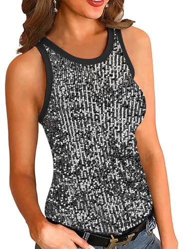 Suncife Damen-Oberteil mit Pailletten, Glitzer, ärmellos, glitzernd, Party-Top, Schwarz, Silber, M