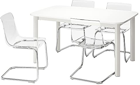 ProTuning TOBIAS/STRANDTORP Tisch und 4 Stühle, weiß/transparent, 150/205/260x95cm