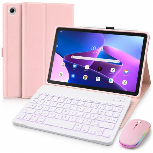 Coque Clavier pour Lenovo Tab M10 Plus 10.6'' (3rd Gen) TB-125FU/TB128FU | 7 Couleurs Rétroéclairées, Clavier Bluetooth Détachable, Coque avec Porte Crayon, AZERTY Layout Français, Rose