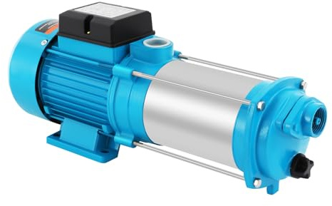Qurib Gartenpumpe Kreiselpumpe Hauswasserwerk 2500 Watt 110m Förderhöhe Edelstahl mehrstufig selbstansaugend für Haus und Garten Brunnen Brauchwasser Silber Blau