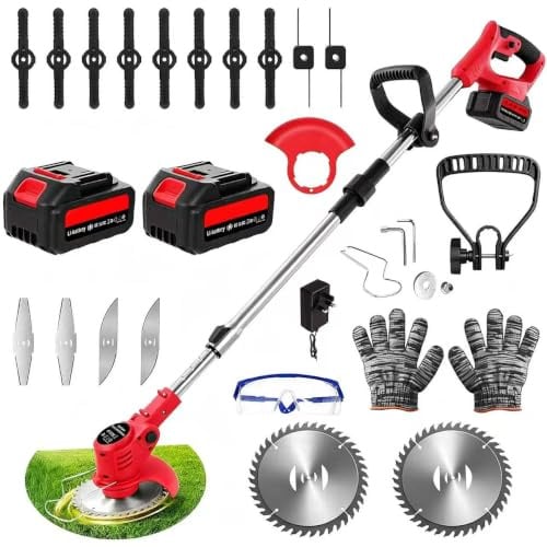 Cordless Garden Strimmers,Electric Cordless 21v Grass Strimmer with 2 X 2000mAh Battery, Adjustable Metal Blades,Garden Trimmer Telescopic Lightweight with Roller for Gardens,Park Lawns (Sliver)