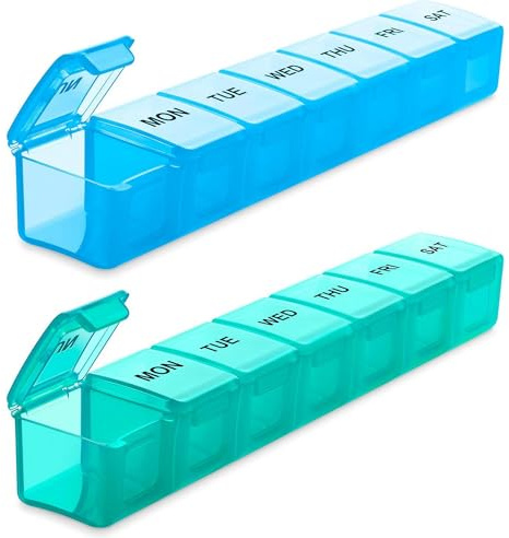 BUG HULL Weekly Pill Organizer Large 2 Packs, Extra Large Travel Pill Organizers, Pill Box 7 Day, Travel Pill Case, Medicine Pill Organizer for Vitamins, Supplements and Medications (Blue+Green)