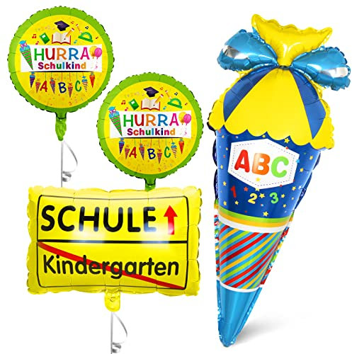 Einschulung Deko Jungen Blau, Zuckertüten Folienballon + SCHULE Kindergarten Ballon + 2 HURRA Schulkind Folien Ballons, Deko für Einschulung Schuleinführung Schulanfang Schulstart Schule für Jungen