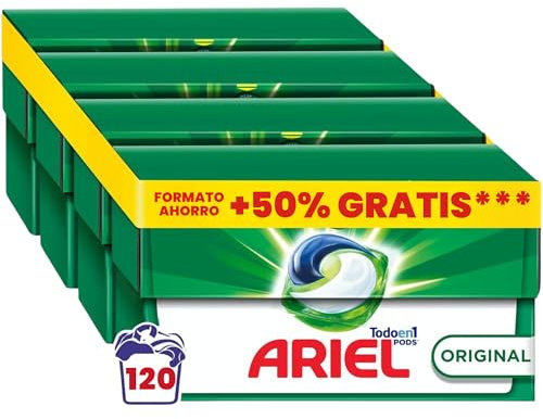 ARIEL PODS Todo en 1 Detergente Lavadora Liquido en Capsulas/Pastillas,120 Lavados 4 x (20+10) - ORIGINAL - Jabon 5 Acciones para una Limpieza Brillante en Frio. El embalaje puede variar