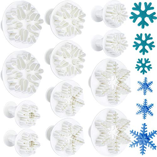 Patelai 12 Pieces Snowflake Plunger Cutters Christmas Winter Snowflake Mold Cookie Fondant Christmas Frozen Plunger Cutter Cake Decoration Embossing Tool