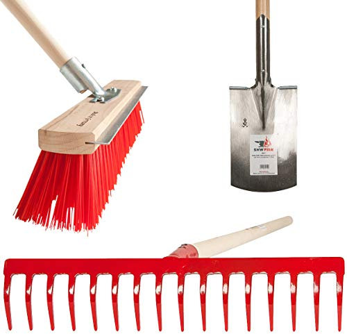 SHW-FIRE Komplett-Set für Deine Gartenarbeit - T-Griff Spaten, 16 Zinken Rechen, Elaston Besen. Mit passenden Holzstielen