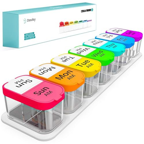 Daviky Large Weekly Pill Organiser - XL Tablet Organiser with 7 Detachable AM/PM Compartments, Portable Medication Organizer for Home & Travel, Daily Pill Box for Vitamins & Supplements (Rainbow)