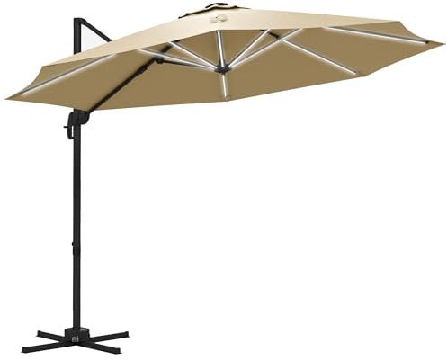 Outsunny 3(m) Cantilever Roma Parasol Adjustable Garden Sun Umbrella with LED Solar Light, Aluminium Frame, Tilt & Crank, UV50+, Cross Base Rotating Outdoor- Khaki