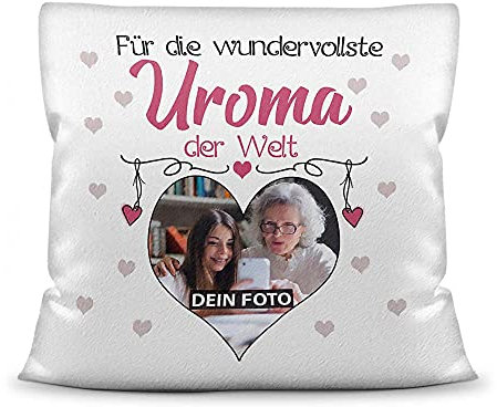 PR Print Royal Fotokissen mit Füllung für die Wundervollste Uroma zum selbst Gestalten - Hochwertige Kissenhülle mit Reißverschluss, Weiß flauschig, 40 x 40 cm