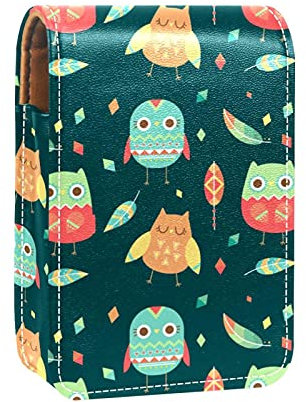 Lippenstift-Etui mit Spiegel, niedliches Cartoon-Eulen-Blätter-Muster, Lipgloss-Halter, tragbare Lippenstift-Aufbewahrungsbox, Reise-Make-up-Tasche, Mini-Leder-Kosmetiktasche für 3 Lippenstifte,