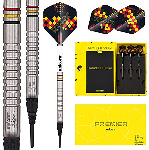 Unicorn S/T Tung James Wade 20 g weiche Spitze Dart-Set, Dimitri Van den Bergh, Premier, 90/70% Wolfram, Stahlspitze & Softspitze, 18g bis 25g, Silber/Gelb