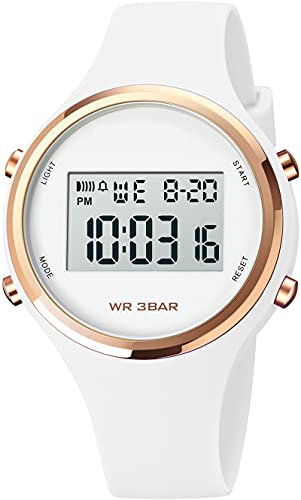 Montre numérique, pour femme et enfant, multifonctionnelle, en silicone, avec alarme lumineuse, chronomètre, or rose, Blanc.